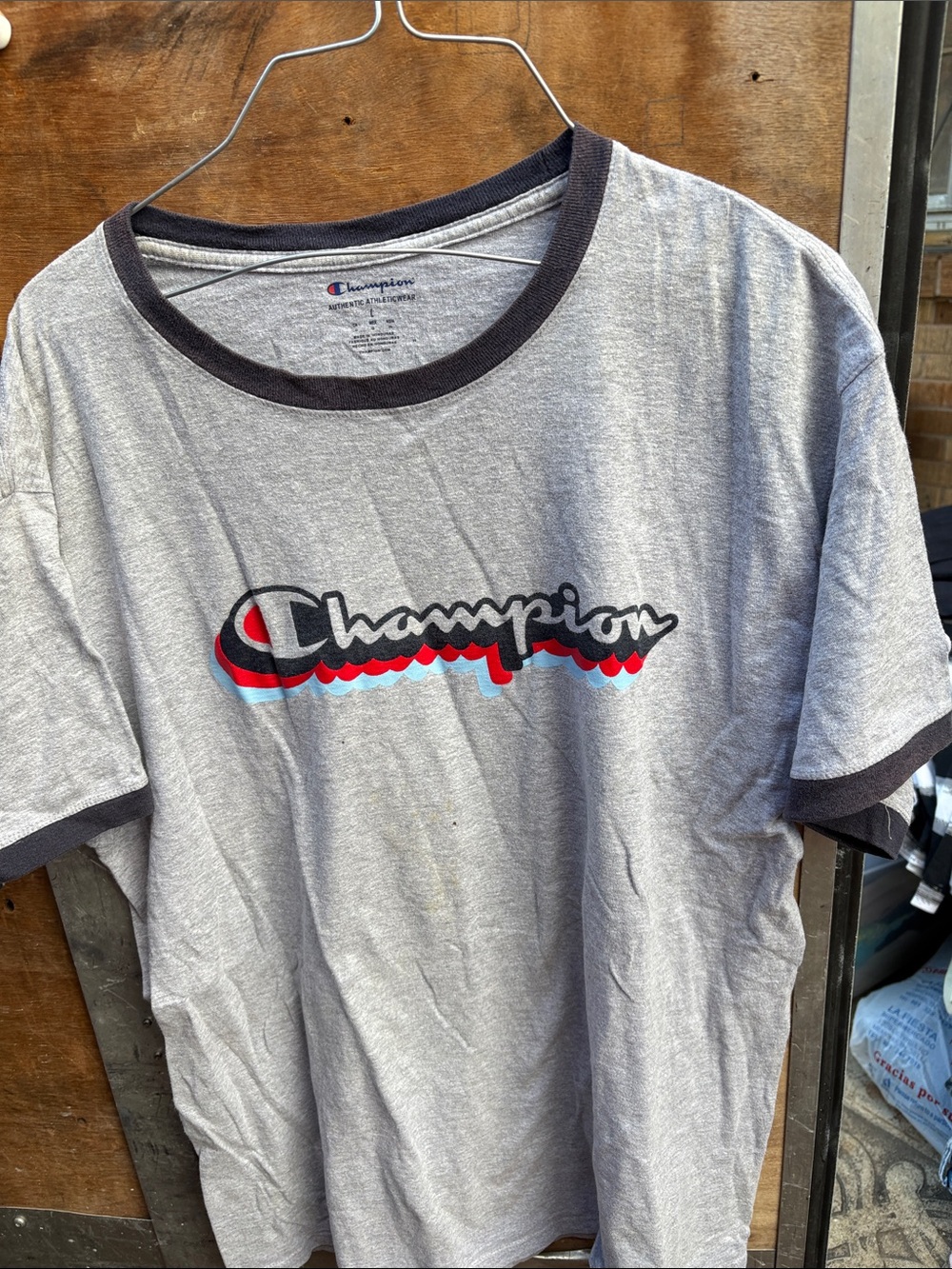 Champion Gray Ringer Tee with Red and Blue Logo